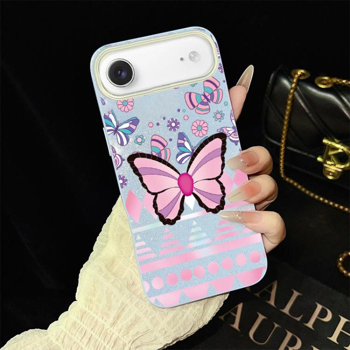 Funda híbrida para teléfono IMD con estampado de mariposa rosa y purpurina, de PC y TPU., For iPhone 17e / 16e, For iPhone 17 Pro Max, For iPhone 17 Pro, For iPhone 17, For iPhone Air, For iPhone 16 Pro Max, For iPhone 16 Pro, For iPhone 16 Plus       ...