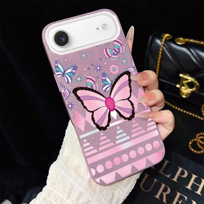Funda híbrida para teléfono IMD con estampado de mariposa rosa y purpurina, de PC y TPU., For iPhone 17e / 16e, For iPhone 17 Pro Max, For iPhone 17 Pro, For iPhone 17, For iPhone Air, For iPhone 16 Pro Max, For iPhone 16 Pro, For iPhone 16 Plus       ...