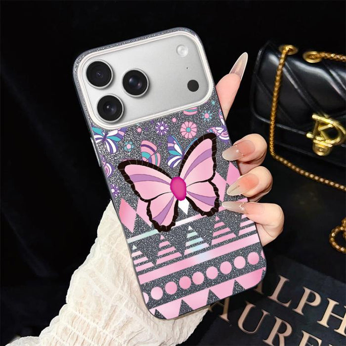 Funda híbrida para teléfono IMD con estampado de mariposa rosa y purpurina, de PC y TPU., For iPhone 17e / 16e, For iPhone 17 Pro Max, For iPhone 17 Pro, For iPhone 17, For iPhone Air, For iPhone 16 Pro Max, For iPhone 16 Pro, For iPhone 16 Plus       ...