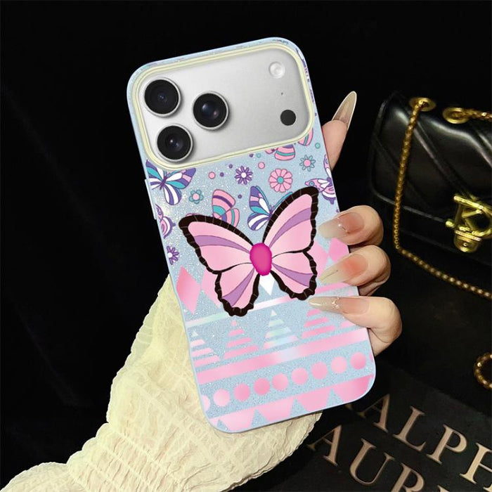Funda híbrida para teléfono IMD con estampado de mariposa rosa y purpurina, de PC y TPU., For iPhone 17e / 16e, For iPhone 17 Pro Max, For iPhone 17 Pro, For iPhone 17, For iPhone Air, For iPhone 16 Pro Max, For iPhone 16 Pro, For iPhone 16 Plus       ...