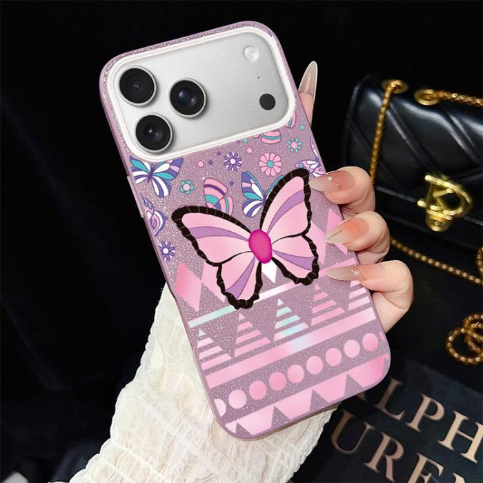 Funda híbrida para teléfono IMD con estampado de mariposa rosa y purpurina, de PC y TPU., For iPhone 17e / 16e, For iPhone 17 Pro Max, For iPhone 17 Pro, For iPhone 17, For iPhone Air, For iPhone 16 Pro Max, For iPhone 16 Pro, For iPhone 16 Plus       ...