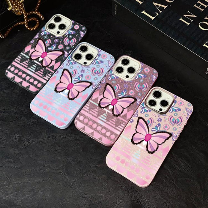 Funda híbrida para teléfono IMD con estampado de mariposa rosa y purpurina, de PC y TPU., For iPhone 17e / 16e, For iPhone 17 Pro Max, For iPhone 17 Pro, For iPhone 17, For iPhone Air, For iPhone 16 Pro Max, For iPhone 16 Pro, For iPhone 16 Plus       ...