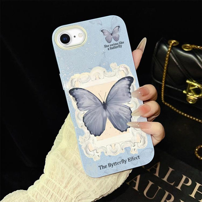 Funda híbrida para teléfono de TPU con estampado de mariposa azul y purpurina IMD para PC, For iPhone 17e / 16e, For iPhone 17 Pro Max, For iPhone 17 Pro, For iPhone 17, For iPhone Air, For iPhone 16 Pro Max, For iPhone 16 Pro, For iPhone 16 Plus      ...