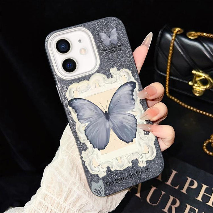 Funda híbrida para teléfono de TPU con estampado de mariposa azul y purpurina IMD para PC, For iPhone 17e / 16e, For iPhone 17 Pro Max, For iPhone 17 Pro, For iPhone 17, For iPhone Air, For iPhone 16 Pro Max, For iPhone 16 Pro, For iPhone 16 Plus      ...