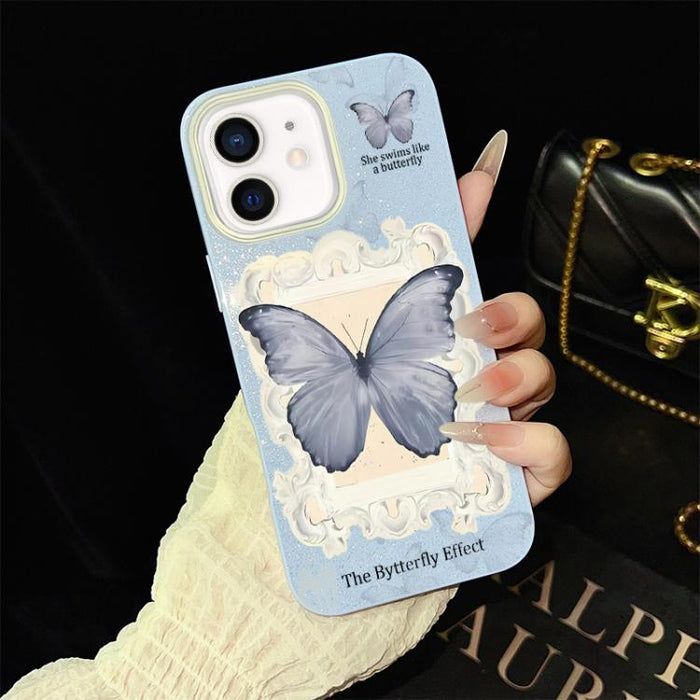 Funda híbrida para teléfono de TPU con estampado de mariposa azul y purpurina IMD para PC, For iPhone 17e / 16e, For iPhone 17 Pro Max, For iPhone 17 Pro, For iPhone 17, For iPhone Air, For iPhone 16 Pro Max, For iPhone 16 Pro, For iPhone 16 Plus      ...