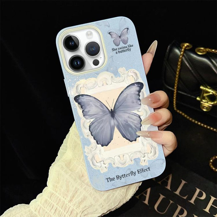 Funda híbrida para teléfono de TPU con estampado de mariposa azul y purpurina IMD para PC, For iPhone 17e / 16e, For iPhone 17 Pro Max, For iPhone 17 Pro, For iPhone 17, For iPhone Air, For iPhone 16 Pro Max, For iPhone 16 Pro, For iPhone 16 Plus      ...