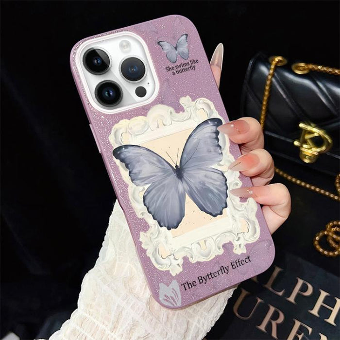 Funda híbrida para teléfono de TPU con estampado de mariposa azul y purpurina IMD para PC, For iPhone 17e / 16e, For iPhone 17 Pro Max, For iPhone 17 Pro, For iPhone 17, For iPhone Air, For iPhone 16 Pro Max, For iPhone 16 Pro, For iPhone 16 Plus      ...