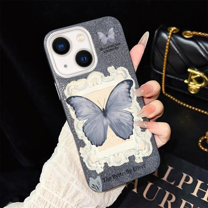 Funda híbrida para teléfono de TPU con estampado de mariposa azul y purpurina IMD para PC, For iPhone 17e / 16e, For iPhone 17 Pro Max, For iPhone 17 Pro, For iPhone 17, For iPhone Air, For iPhone 16 Pro Max, For iPhone 16 Pro, For iPhone 16 Plus      ...