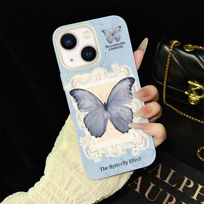 Funda híbrida para teléfono de TPU con estampado de mariposa azul y purpurina IMD para PC, For iPhone 17e / 16e, For iPhone 17 Pro Max, For iPhone 17 Pro, For iPhone 17, For iPhone Air, For iPhone 16 Pro Max, For iPhone 16 Pro, For iPhone 16 Plus      ...