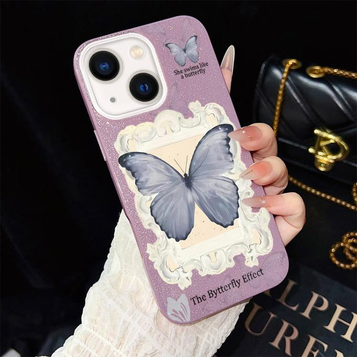 Funda híbrida para teléfono de TPU con estampado de mariposa azul y purpurina IMD para PC, For iPhone 17e / 16e, For iPhone 17 Pro Max, For iPhone 17 Pro, For iPhone 17, For iPhone Air, For iPhone 16 Pro Max, For iPhone 16 Pro, For iPhone 16 Plus      ...