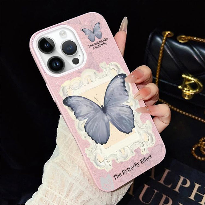 Funda híbrida para teléfono de TPU con estampado de mariposa azul y purpurina IMD para PC, For iPhone 17e / 16e, For iPhone 17 Pro Max, For iPhone 17 Pro, For iPhone 17, For iPhone Air, For iPhone 16 Pro Max, For iPhone 16 Pro, For iPhone 16 Plus      ...
