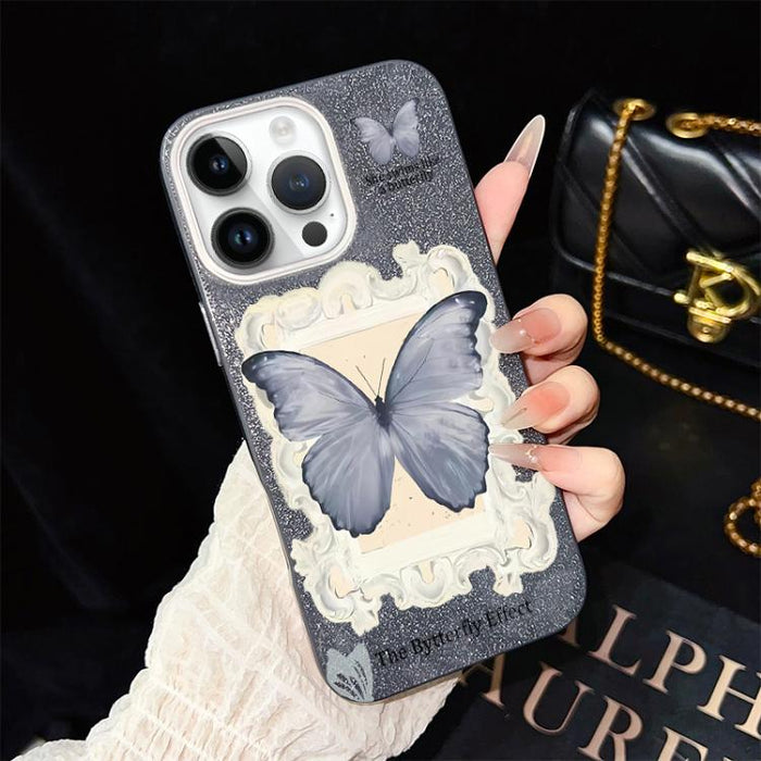 Funda híbrida para teléfono de TPU con estampado de mariposa azul y purpurina IMD para PC, For iPhone 17e / 16e, For iPhone 17 Pro Max, For iPhone 17 Pro, For iPhone 17, For iPhone Air, For iPhone 16 Pro Max, For iPhone 16 Pro, For iPhone 16 Plus      ...