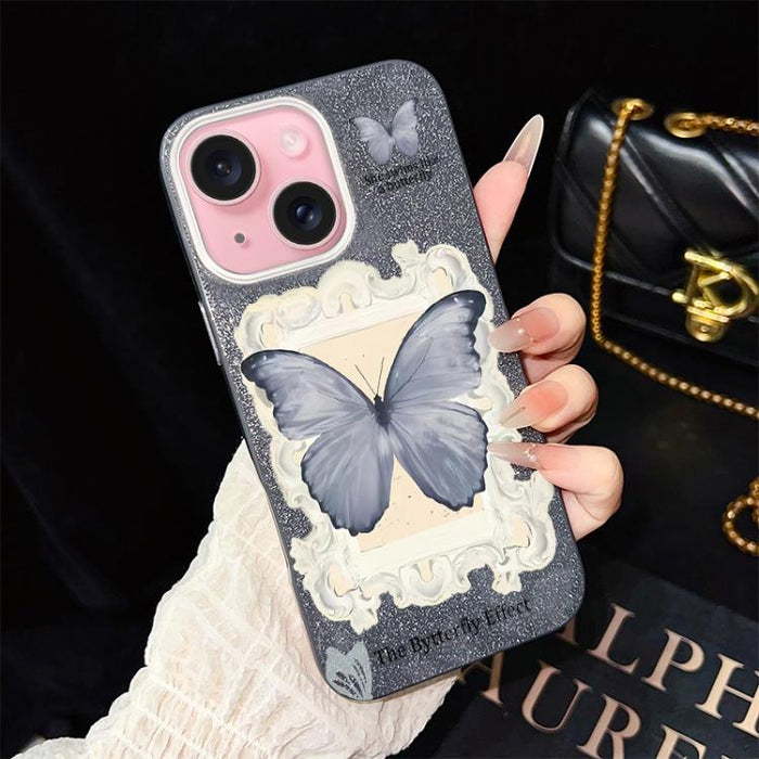 Funda híbrida para teléfono de TPU con estampado de mariposa azul y purpurina IMD para PC, For iPhone 17e / 16e, For iPhone 17 Pro Max, For iPhone 17 Pro, For iPhone 17, For iPhone Air, For iPhone 16 Pro Max, For iPhone 16 Pro, For iPhone 16 Plus      ...