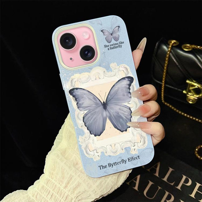 Funda híbrida para teléfono de TPU con estampado de mariposa azul y purpurina IMD para PC, For iPhone 17e / 16e, For iPhone 17 Pro Max, For iPhone 17 Pro, For iPhone 17, For iPhone Air, For iPhone 16 Pro Max, For iPhone 16 Pro, For iPhone 16 Plus      ...
