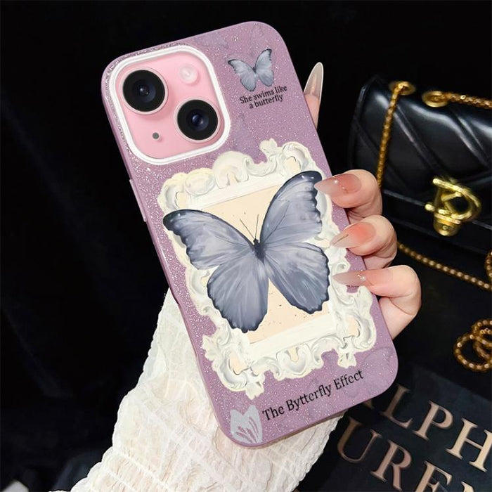 Funda híbrida para teléfono de TPU con estampado de mariposa azul y purpurina IMD para PC, For iPhone 17e / 16e, For iPhone 17 Pro Max, For iPhone 17 Pro, For iPhone 17, For iPhone Air, For iPhone 16 Pro Max, For iPhone 16 Pro, For iPhone 16 Plus      ...