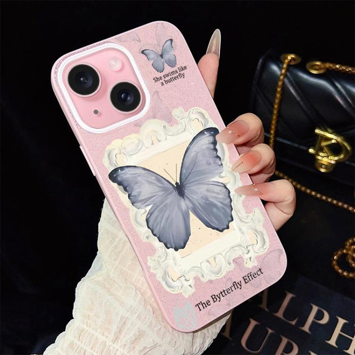 Funda híbrida para teléfono de TPU con estampado de mariposa azul y purpurina IMD para PC, For iPhone 17e / 16e, For iPhone 17 Pro Max, For iPhone 17 Pro, For iPhone 17, For iPhone Air, For iPhone 16 Pro Max, For iPhone 16 Pro, For iPhone 16 Plus      ...