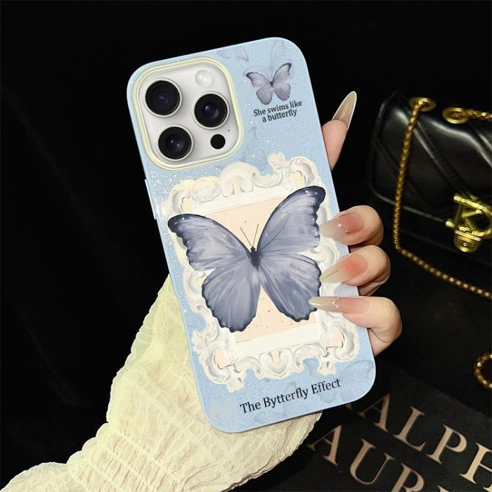 Funda híbrida para teléfono de TPU con estampado de mariposa azul y purpurina IMD para PC, For iPhone 17e / 16e, For iPhone 17 Pro Max, For iPhone 17 Pro, For iPhone 17, For iPhone Air, For iPhone 16 Pro Max, For iPhone 16 Pro, For iPhone 16 Plus      ...