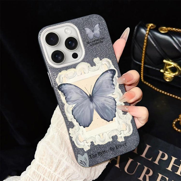 Funda híbrida para teléfono de TPU con estampado de mariposa azul y purpurina IMD para PC, For iPhone 17e / 16e, For iPhone 17 Pro Max, For iPhone 17 Pro, For iPhone 17, For iPhone Air, For iPhone 16 Pro Max, For iPhone 16 Pro, For iPhone 16 Plus      ...