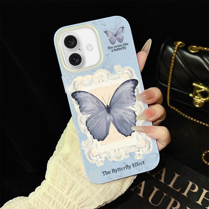Funda híbrida para teléfono de TPU con estampado de mariposa azul y purpurina IMD para PC, For iPhone 17e / 16e, For iPhone 17 Pro Max, For iPhone 17 Pro, For iPhone 17, For iPhone Air, For iPhone 16 Pro Max, For iPhone 16 Pro, For iPhone 16 Plus      ...
