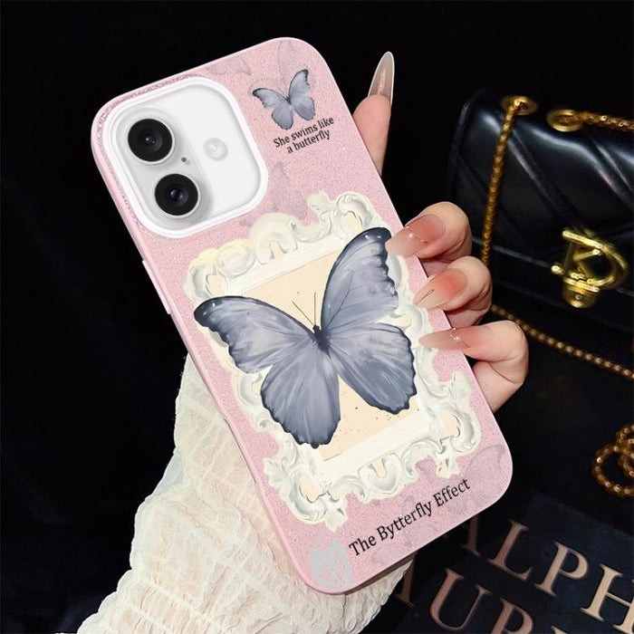 Funda híbrida para teléfono de TPU con estampado de mariposa azul y purpurina IMD para PC, For iPhone 17e / 16e, For iPhone 17 Pro Max, For iPhone 17 Pro, For iPhone 17, For iPhone Air, For iPhone 16 Pro Max, For iPhone 16 Pro, For iPhone 16 Plus      ...
