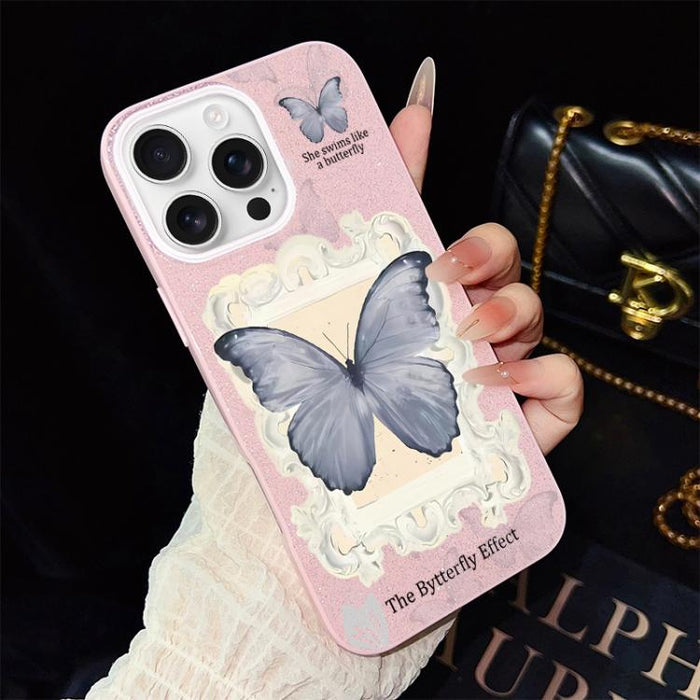 Funda híbrida para teléfono de TPU con estampado de mariposa azul y purpurina IMD para PC, For iPhone 17e / 16e, For iPhone 17 Pro Max, For iPhone 17 Pro, For iPhone 17, For iPhone Air, For iPhone 16 Pro Max, For iPhone 16 Pro, For iPhone 16 Plus      ...