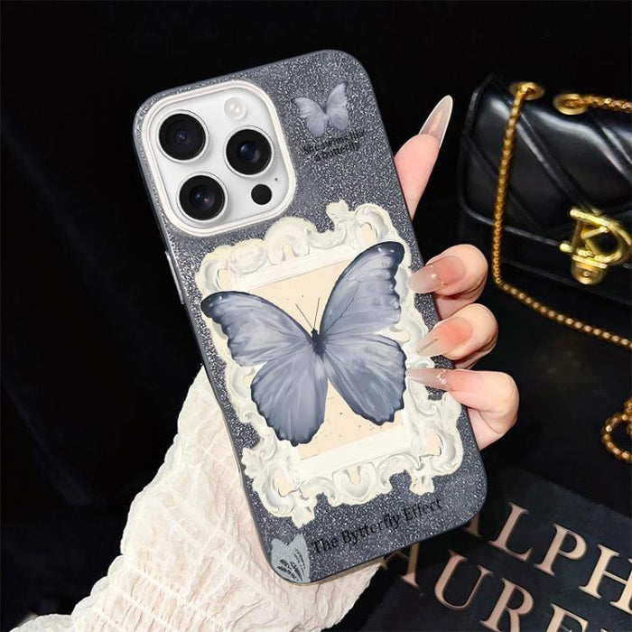 Funda híbrida para teléfono de TPU con estampado de mariposa azul y purpurina IMD para PC, For iPhone 17e / 16e, For iPhone 17 Pro Max, For iPhone 17 Pro, For iPhone 17, For iPhone Air, For iPhone 16 Pro Max, For iPhone 16 Pro, For iPhone 16 Plus      ...