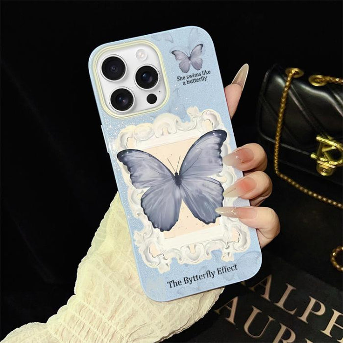 Funda híbrida para teléfono de TPU con estampado de mariposa azul y purpurina IMD para PC, For iPhone 17e / 16e, For iPhone 17 Pro Max, For iPhone 17 Pro, For iPhone 17, For iPhone Air, For iPhone 16 Pro Max, For iPhone 16 Pro, For iPhone 16 Plus      ...