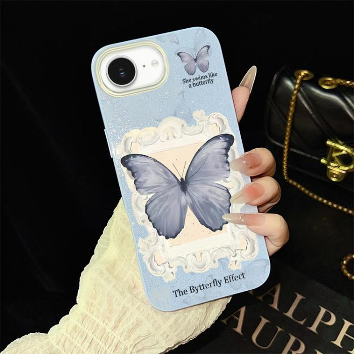 Funda híbrida para teléfono de TPU con estampado de mariposa azul y purpurina IMD para PC, For iPhone 17e / 16e, For iPhone 17 Pro Max, For iPhone 17 Pro, For iPhone 17, For iPhone Air, For iPhone 16 Pro Max, For iPhone 16 Pro, For iPhone 16 Plus      ...