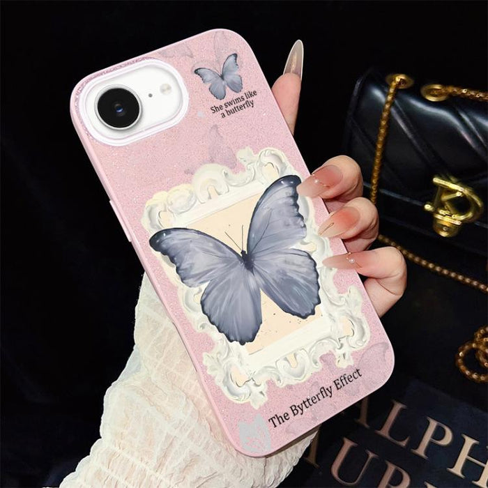 Funda híbrida para teléfono de TPU con estampado de mariposa azul y purpurina IMD para PC, For iPhone 17e / 16e, For iPhone 17 Pro Max, For iPhone 17 Pro, For iPhone 17, For iPhone Air, For iPhone 16 Pro Max, For iPhone 16 Pro, For iPhone 16 Plus      ...