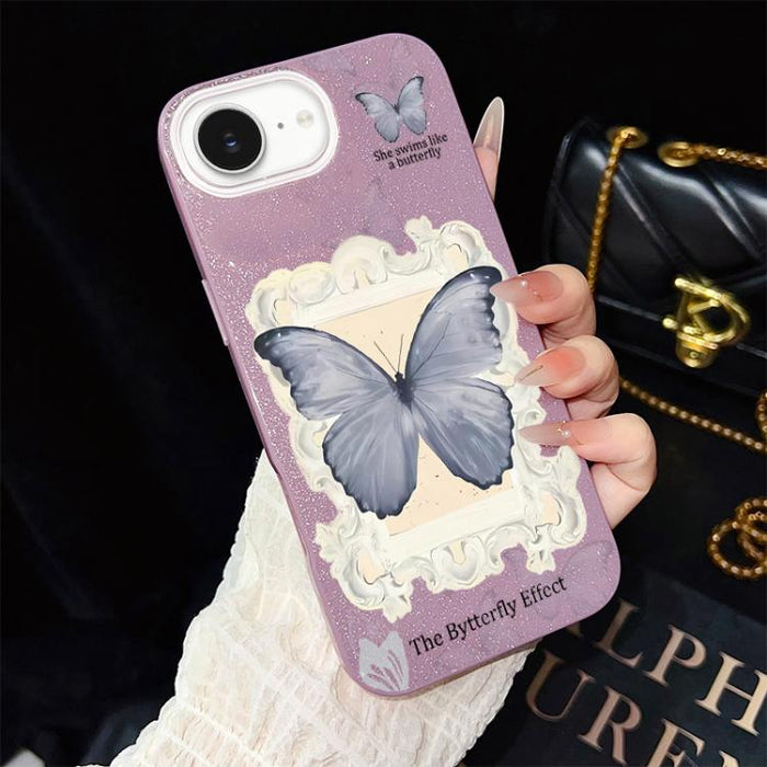 Funda híbrida para teléfono de TPU con estampado de mariposa azul y purpurina IMD para PC, For iPhone 17e / 16e, For iPhone 17 Pro Max, For iPhone 17 Pro, For iPhone 17, For iPhone Air, For iPhone 16 Pro Max, For iPhone 16 Pro, For iPhone 16 Plus      ...