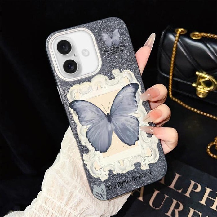 Funda híbrida para teléfono de TPU con estampado de mariposa azul y purpurina IMD para PC, For iPhone 17e / 16e, For iPhone 17 Pro Max, For iPhone 17 Pro, For iPhone 17, For iPhone Air, For iPhone 16 Pro Max, For iPhone 16 Pro, For iPhone 16 Plus      ...