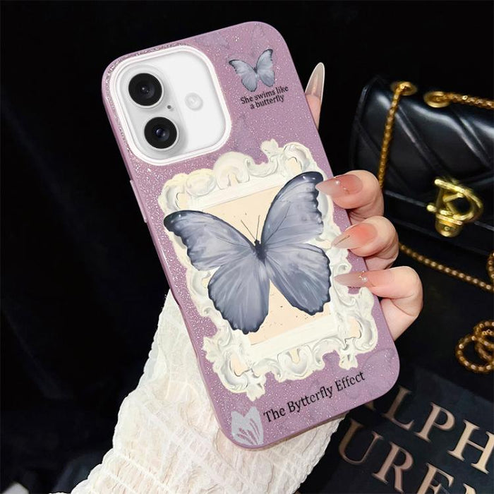 Funda híbrida para teléfono de TPU con estampado de mariposa azul y purpurina IMD para PC, For iPhone 17e / 16e, For iPhone 17 Pro Max, For iPhone 17 Pro, For iPhone 17, For iPhone Air, For iPhone 16 Pro Max, For iPhone 16 Pro, For iPhone 16 Plus      ...