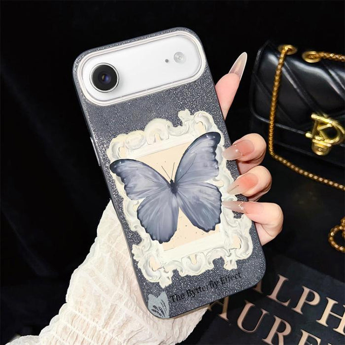 Funda híbrida para teléfono de TPU con estampado de mariposa azul y purpurina IMD para PC, For iPhone 17e / 16e, For iPhone 17 Pro Max, For iPhone 17 Pro, For iPhone 17, For iPhone Air, For iPhone 16 Pro Max, For iPhone 16 Pro, For iPhone 16 Plus      ...