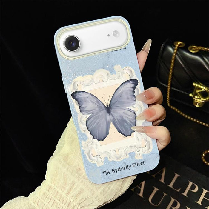 Funda híbrida para teléfono de TPU con estampado de mariposa azul y purpurina IMD para PC, For iPhone 17e / 16e, For iPhone 17 Pro Max, For iPhone 17 Pro, For iPhone 17, For iPhone Air, For iPhone 16 Pro Max, For iPhone 16 Pro, For iPhone 16 Plus      ...