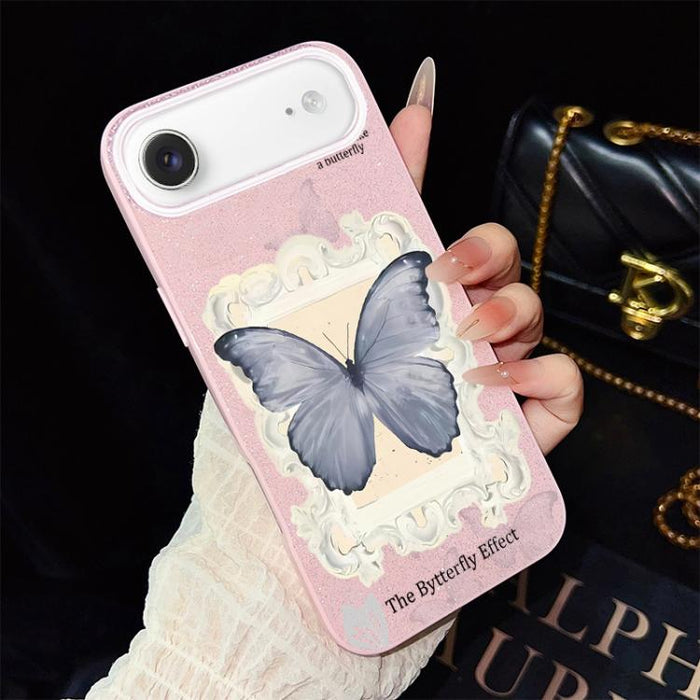 Funda híbrida para teléfono de TPU con estampado de mariposa azul y purpurina IMD para PC, For iPhone 17e / 16e, For iPhone 17 Pro Max, For iPhone 17 Pro, For iPhone 17, For iPhone Air, For iPhone 16 Pro Max, For iPhone 16 Pro, For iPhone 16 Plus      ...