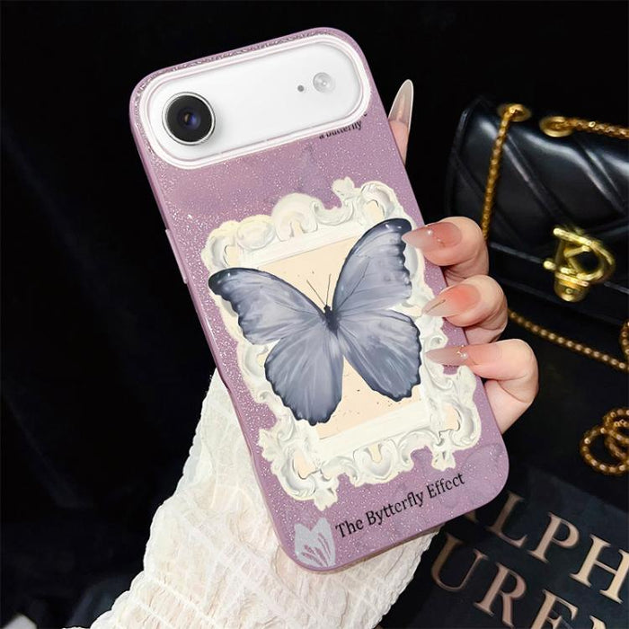 Funda híbrida para teléfono de TPU con estampado de mariposa azul y purpurina IMD para PC, For iPhone 17e / 16e, For iPhone 17 Pro Max, For iPhone 17 Pro, For iPhone 17, For iPhone Air, For iPhone 16 Pro Max, For iPhone 16 Pro, For iPhone 16 Plus      ...