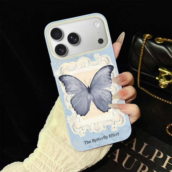 Funda híbrida para teléfono de TPU con estampado de mariposa azul y purpurina IMD para PC, For iPhone 17e / 16e, For iPhone 17 Pro Max, For iPhone 17 Pro, For iPhone 17, For iPhone Air, For iPhone 16 Pro Max, For iPhone 16 Pro, For iPhone 16 Plus      ...