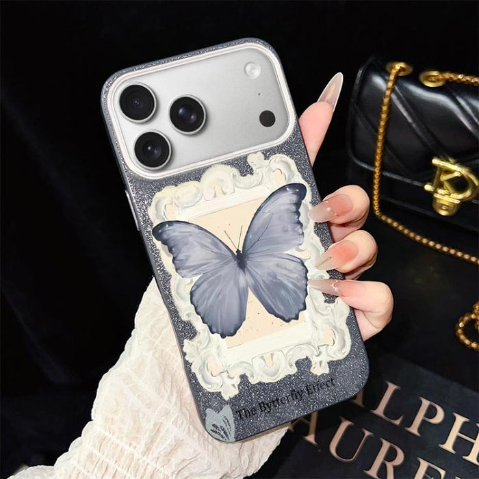 Funda híbrida para teléfono de TPU con estampado de mariposa azul y purpurina IMD para PC, For iPhone 17e / 16e, For iPhone 17 Pro Max, For iPhone 17 Pro, For iPhone 17, For iPhone Air, For iPhone 16 Pro Max, For iPhone 16 Pro, For iPhone 16 Plus      ...