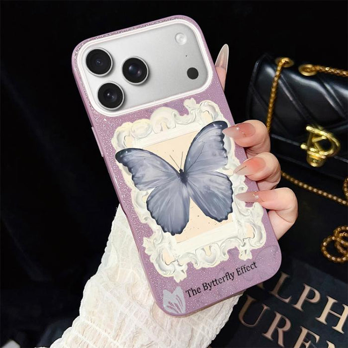Funda híbrida para teléfono de TPU con estampado de mariposa azul y purpurina IMD para PC, For iPhone 17e / 16e, For iPhone 17 Pro Max, For iPhone 17 Pro, For iPhone 17, For iPhone Air, For iPhone 16 Pro Max, For iPhone 16 Pro, For iPhone 16 Plus      ...