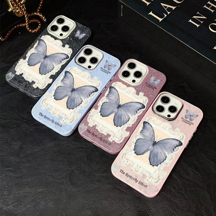 Funda híbrida para teléfono de TPU con estampado de mariposa azul y purpurina IMD para PC, For iPhone 17e / 16e, For iPhone 17 Pro Max, For iPhone 17 Pro, For iPhone 17, For iPhone Air, For iPhone 16 Pro Max, For iPhone 16 Pro, For iPhone 16 Plus      ...