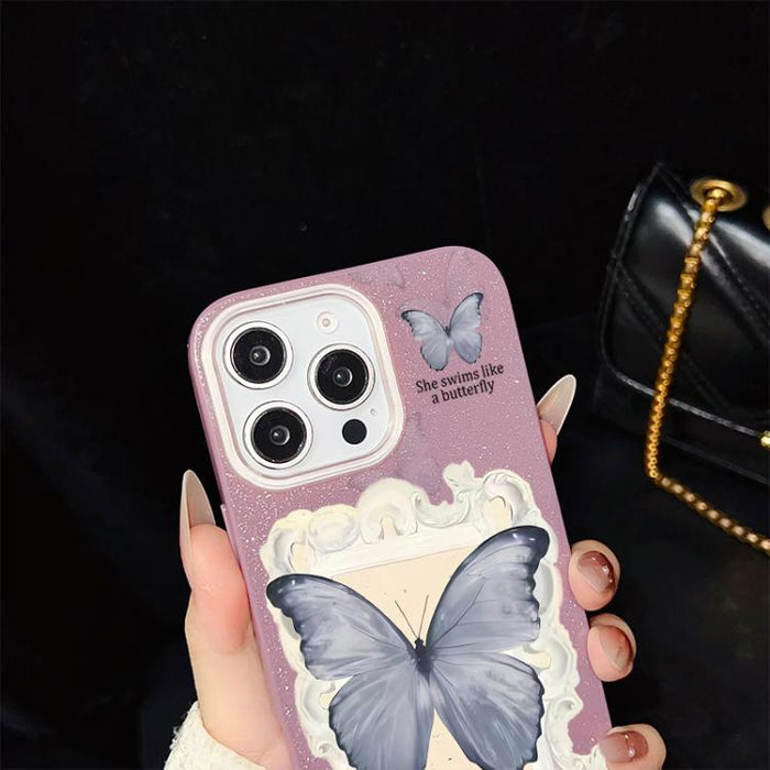 Funda híbrida para teléfono de TPU con estampado de mariposa azul y purpurina IMD para PC, For iPhone 17e / 16e, For iPhone 17 Pro Max, For iPhone 17 Pro, For iPhone 17, For iPhone Air, For iPhone 16 Pro Max, For iPhone 16 Pro, For iPhone 16 Plus      ...