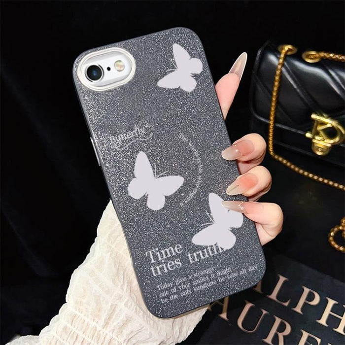 Funda híbrida para teléfono IMD con estampado de mariposas blancas y purpurina, de PC y TPU., For iPhone 11 Pro Max, For iPhone 11, For iPhone 11 Pro, For iPhone XS / X, For iPhone XR, For iPhone XS Max, For iPhone 8 Plus / 7 Plus                      ...
