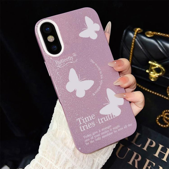 Funda híbrida para teléfono IMD con estampado de mariposas blancas y purpurina, de PC y TPU., For iPhone 11 Pro Max, For iPhone 11, For iPhone 11 Pro, For iPhone XS / X, For iPhone XR, For iPhone XS Max, For iPhone 8 Plus / 7 Plus                      ...