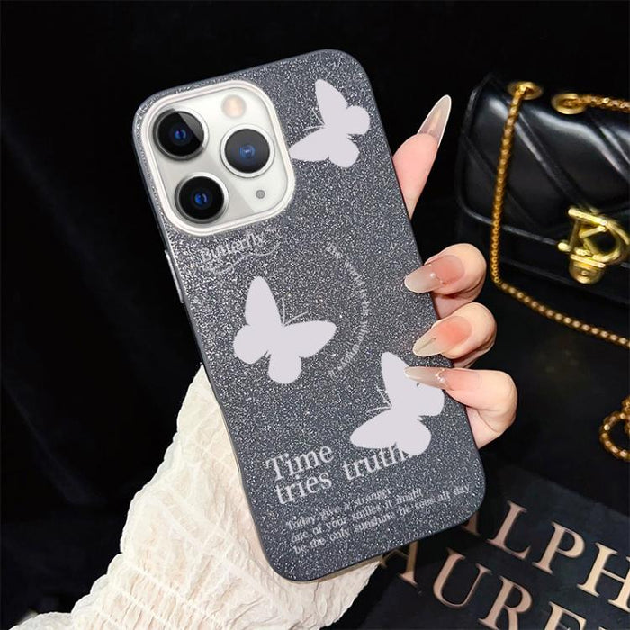 Funda híbrida para teléfono IMD con estampado de mariposas blancas y purpurina, de PC y TPU., For iPhone 11 Pro Max, For iPhone 11, For iPhone 11 Pro, For iPhone XS / X, For iPhone XR, For iPhone XS Max, For iPhone 8 Plus / 7 Plus                      ...