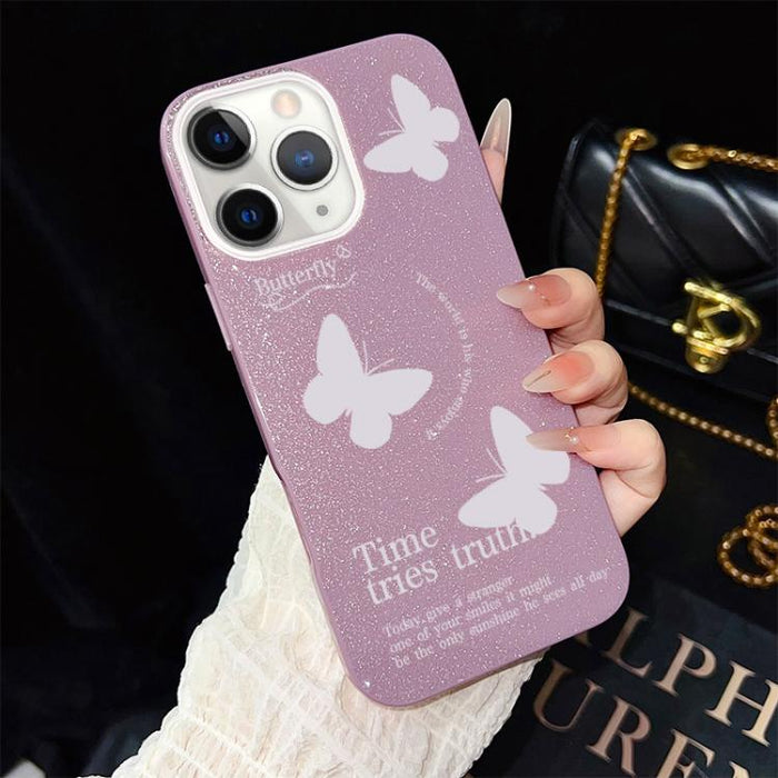 Funda híbrida para teléfono IMD con estampado de mariposas blancas y purpurina, de PC y TPU., For iPhone 11 Pro Max, For iPhone 11, For iPhone 11 Pro, For iPhone XS / X, For iPhone XR, For iPhone XS Max, For iPhone 8 Plus / 7 Plus                      ...