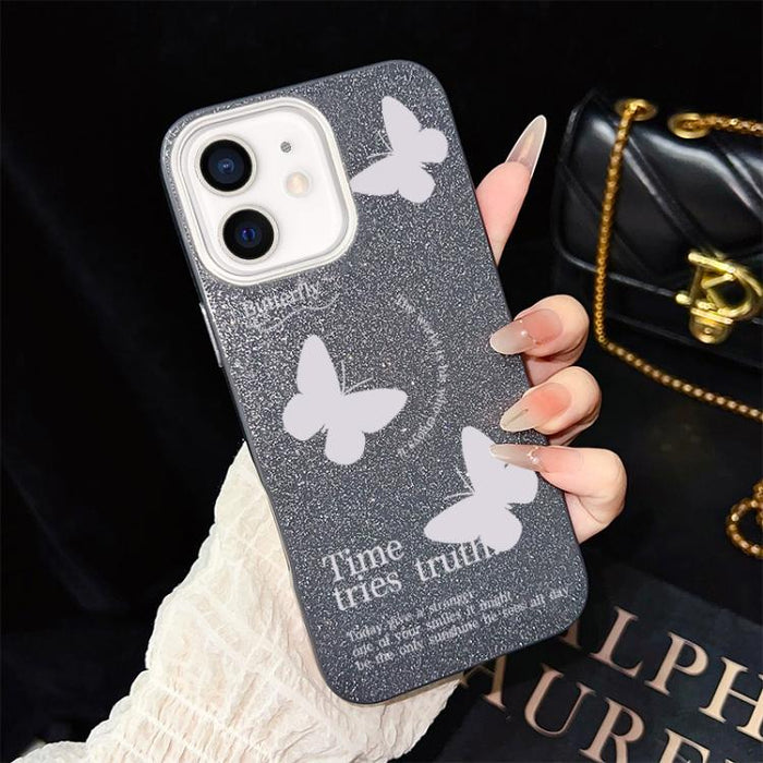 Funda híbrida para teléfono IMD con estampado de mariposas blancas y purpurina, de PC y TPU., For iPhone 17e / 16e, For iPhone 17 Pro Max, For iPhone 17 Pro, For iPhone 17, For iPhone Air, For iPhone 16 Pro Max, For iPhone 16 Pro, For iPhone 16 Plus   ...