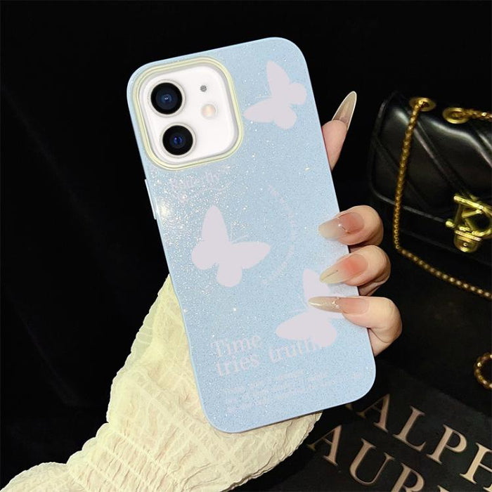 Funda híbrida para teléfono IMD con estampado de mariposas blancas y purpurina, de PC y TPU., For iPhone 17e / 16e, For iPhone 17 Pro Max, For iPhone 17 Pro, For iPhone 17, For iPhone Air, For iPhone 16 Pro Max, For iPhone 16 Pro, For iPhone 16 Plus   ...