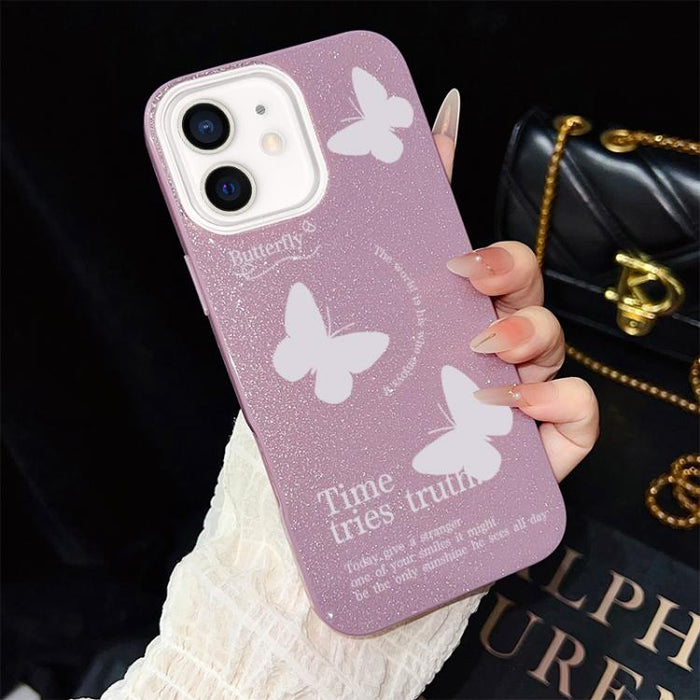 Funda híbrida para teléfono IMD con estampado de mariposas blancas y purpurina, de PC y TPU., For iPhone 17e / 16e, For iPhone 17 Pro Max, For iPhone 17 Pro, For iPhone 17, For iPhone Air, For iPhone 16 Pro Max, For iPhone 16 Pro, For iPhone 16 Plus   ...