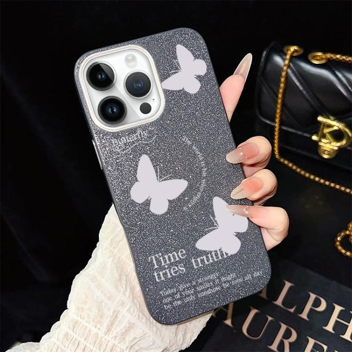 Funda híbrida para teléfono IMD con estampado de mariposas blancas y purpurina, de PC y TPU., For iPhone 17e / 16e, For iPhone 17 Pro Max, For iPhone 17 Pro, For iPhone 17, For iPhone Air, For iPhone 16 Pro Max, For iPhone 16 Pro, For iPhone 16 Plus   ...