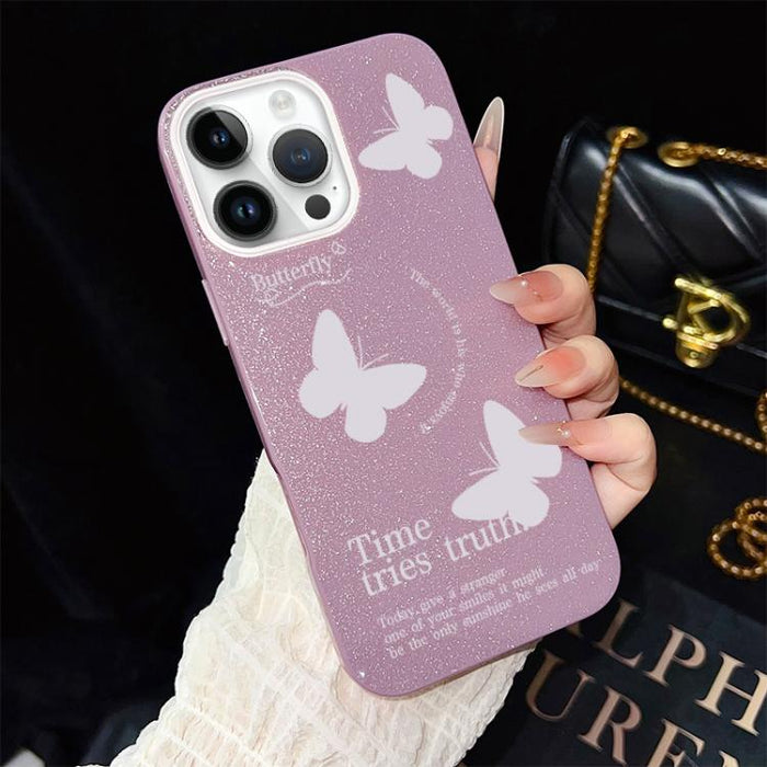 Funda híbrida para teléfono IMD con estampado de mariposas blancas y purpurina, de PC y TPU., For iPhone 17e / 16e, For iPhone 17 Pro Max, For iPhone 17 Pro, For iPhone 17, For iPhone Air, For iPhone 16 Pro Max, For iPhone 16 Pro, For iPhone 16 Plus   ...